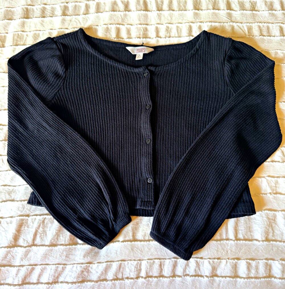 Bailey Lane Girls Black Ribbed Knit Button Front Crew Neck Cardigan L 12-14